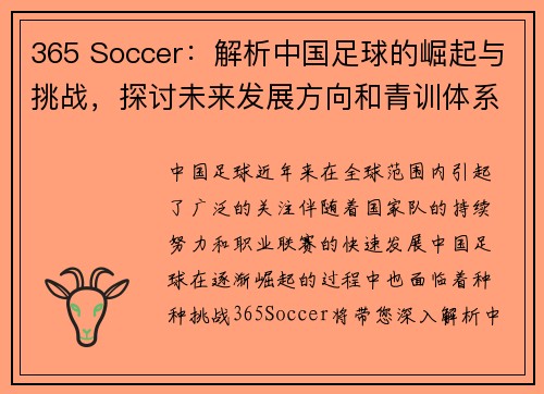 365 Soccer：解析中国足球的崛起与挑战，探讨未来发展方向和青训体系建设